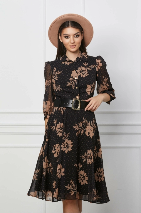 Rochie Magda neagra cu flori bej si curea in talie