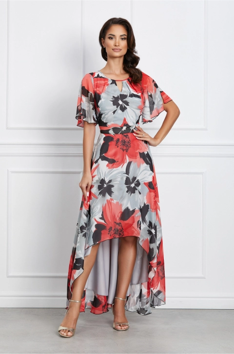 Rochie Mara gri cu flori rosii si lungime asimetrica