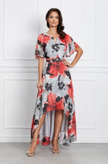 Rochie Mara gri cu flori rosii si lungime asimetrica