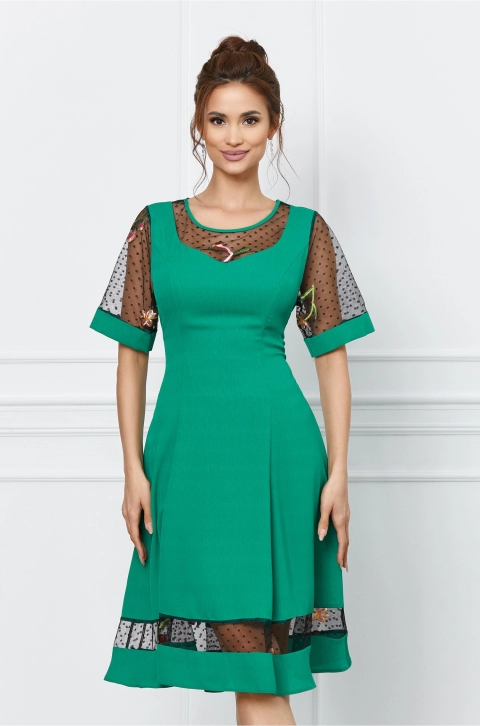 Rochie Mara verde cu broderie florala