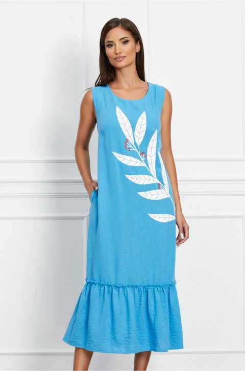 Rochie Marcela albastra cu imprimeu alb si volan la baza