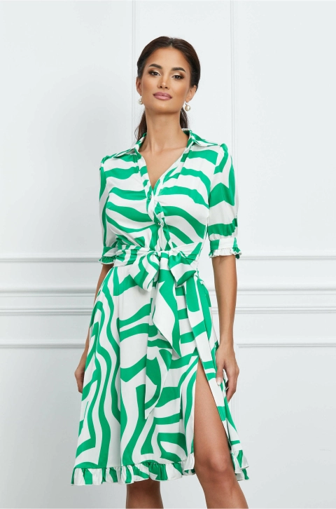 Rochie MBG alba cu imprimeuri verzi si cordon in talie