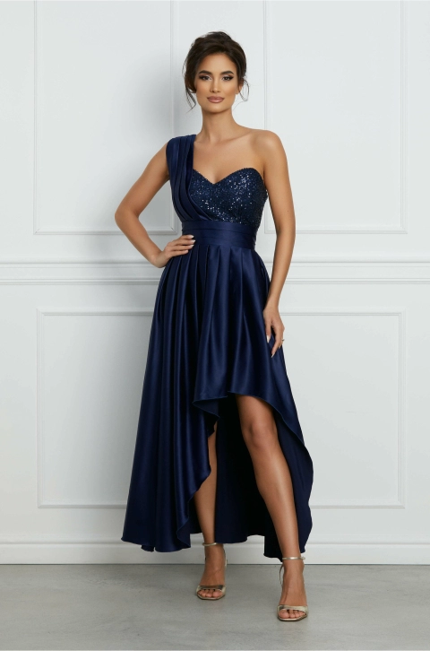 Rochie MBG bleumarin asimetrica cu paiete la bust