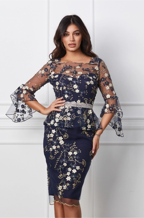 Rochie MBG bleumarin cu broderie florala bej