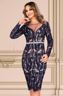 Rochie MBG bleumarin de ocazie midi conica din dantela cu fir irizant cu cordon din strasuri si maneca lunga