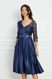 Rochie MBG bleumarin din tafta cu maneca din dantela