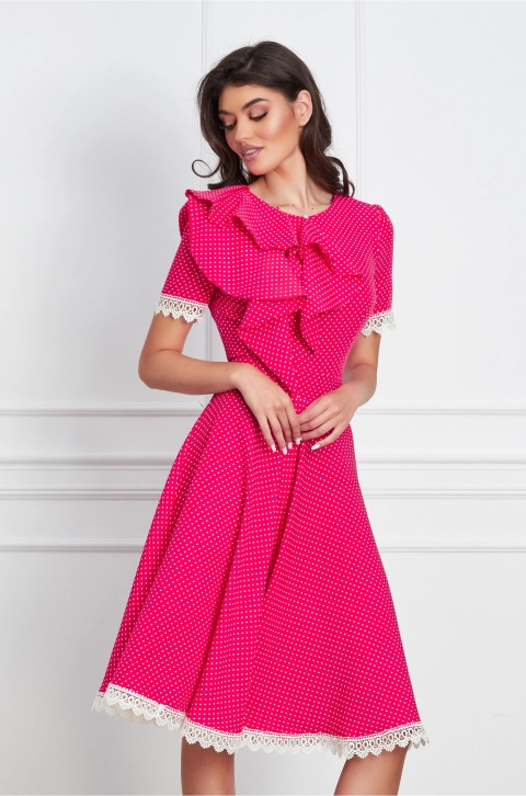 Rochie MBG fucsia cu imprimeu punctat si dantela la baza