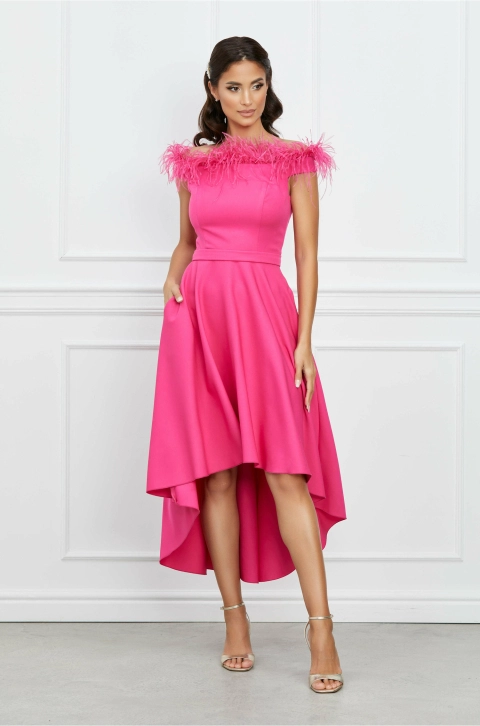 Rochie MBG fucsia cu pene la bust si lungime asimetrica