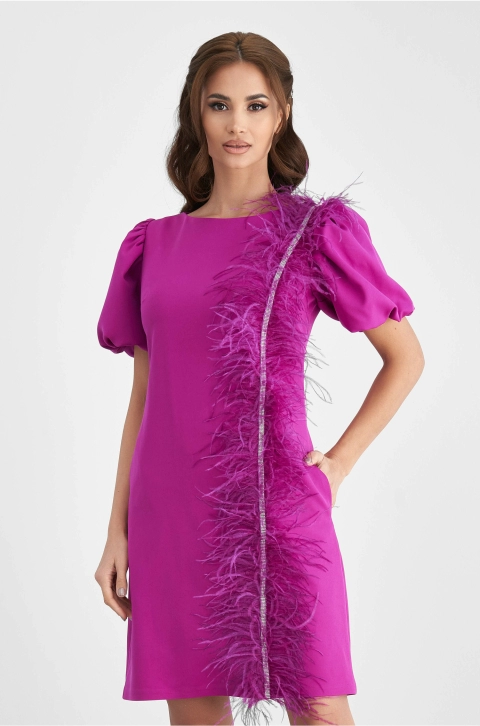 Rochie MBG fucsia cu pene si strasuri