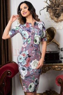 Rochie MBG imprimeu floral si fermoar metalic in zona decolteului