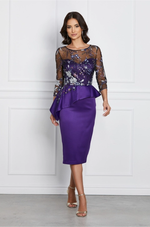 Rochie MBG mov cu broderie la bust si peplum in talie