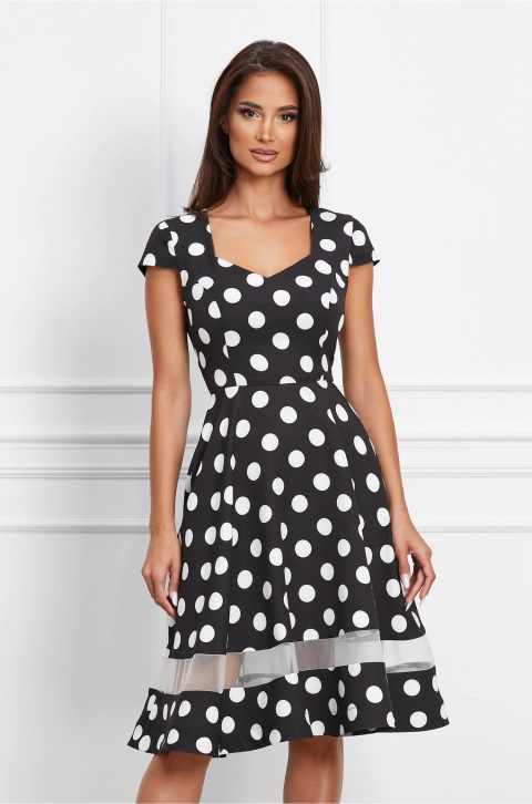 Rochie MBG neagra cu buline albe si banda semitransparenta la baza