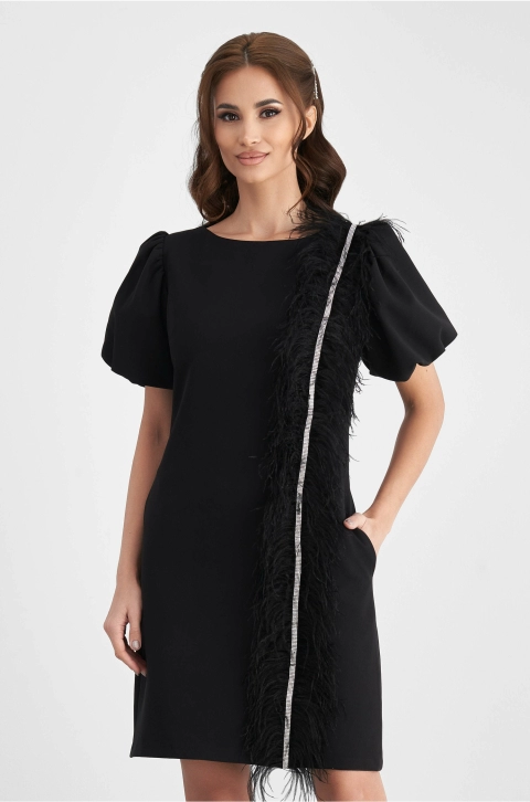 Rochie MBG neagra cu pene si strasuri