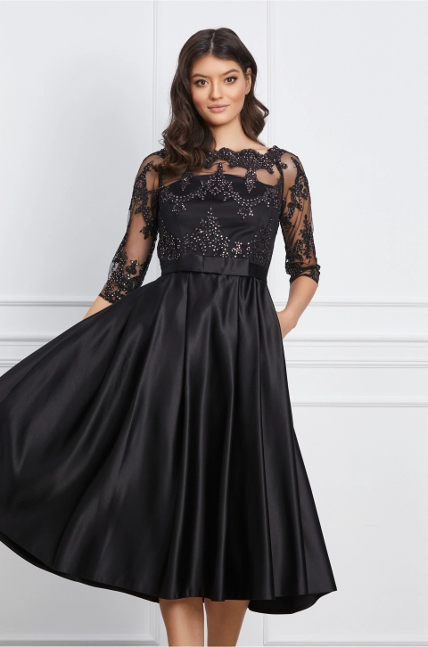 Rochie MBG neagra din tafta cu dantela si paiete aurii la bust