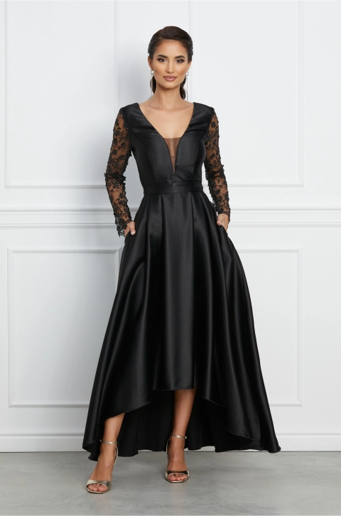Rochie MBG neagra satinata cu broderie pe maneci