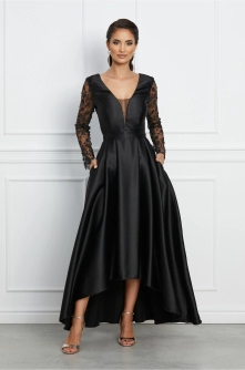 Rochie MBG neagra satinata cu broderie pe maneci