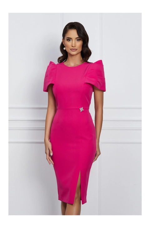 Rochie MBG rosu zmeura cu pliuri pe maneci si umeri bufanti