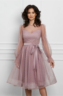 Rochie MBG roz din tull cu buline si cordon satinat in talie