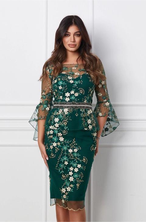 Rochie MBG verde cu broderie florala bej