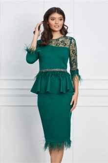 Rochie MBG verde cu dantela si pene