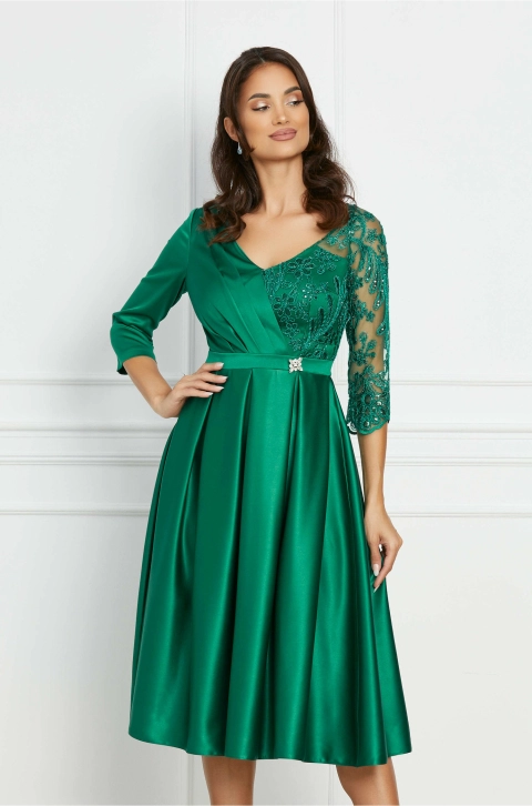 Rochie MBG verde din tafta cu maneca din dantela