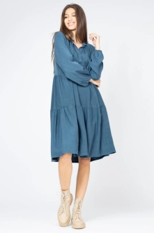 Rochie midi cu doua volane din tencel, turcoaz inchis