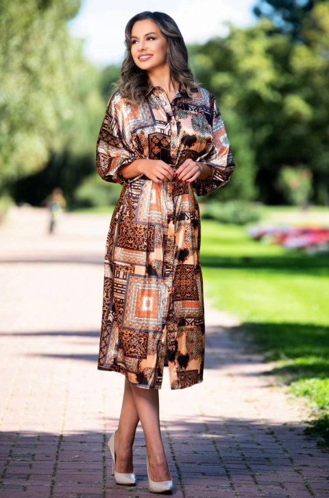 Rochie midi eleganta satinata cu maneca tip fluture si imprimeu aristocrat