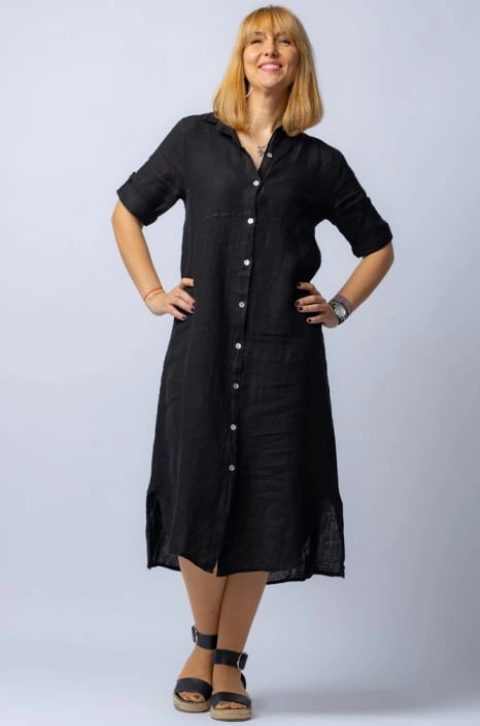 Rochie midi din in neagra, tip camasa