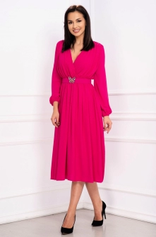 Rochie midi Otilia eleganta fucsia cu centura in talie