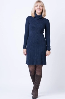 Rochie midi, tricotata, evazata, bleumarin