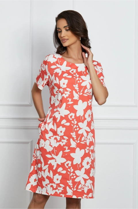 Rochie Mirabela corai cu imprimeuri florale