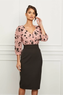 Rochie Mirabela cu bust roz si imprimeuri negre catifelate