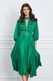 Rochie Mirabela verde cu strasuri si tull la bust