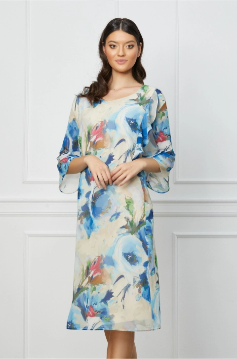 Rochie Miruna bej cu imprimeuri bleu