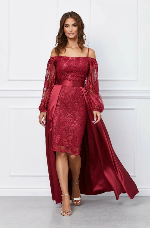 Rochie Miruna bordo din dantela cu trena satinata