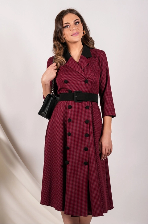 Rochie Miruna tip sacou rosie cu carouri negre si curea in talie
