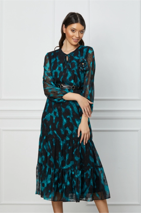 Rochie Misha turcoaz cu imprimeu negru si curea in talie