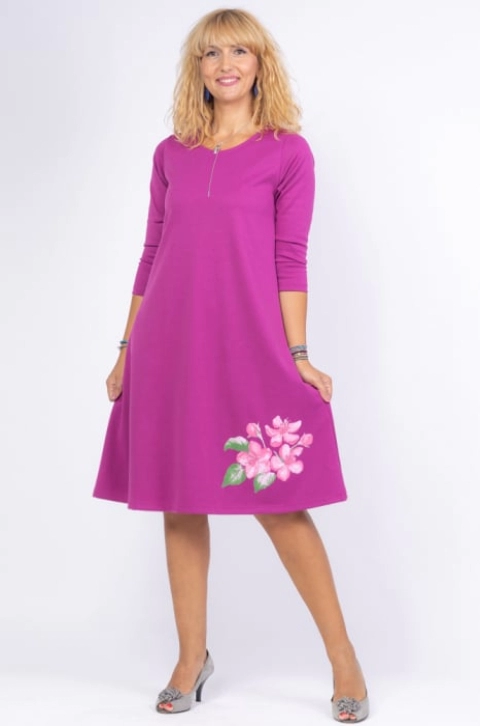 Rochie mov zmeura A line midi, cu imprimeu floare picturala