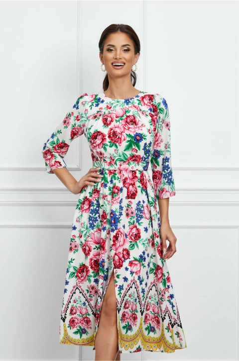 Rochie Moze alba cu imprimeuri florale roz