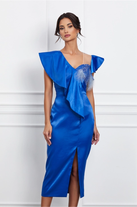 Rochie Moze albastra cu volan si pene pe bust