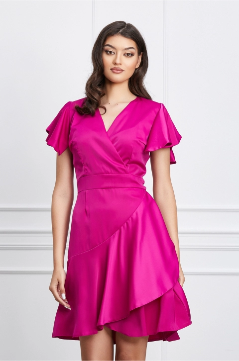 Rochie Moze ciclame cu baza asimetrica si volanas