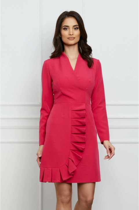 Rochie Moze fucsia cu volan pe fusta si aspect petrecut