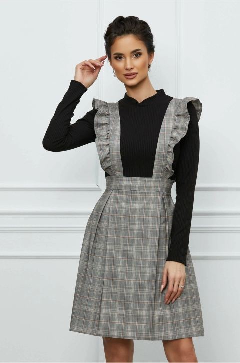Rochie Moze gri cu carouri si bust negru tip sarafan