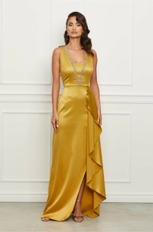 Rochie Moze lunga galbena cu strasuri la bust