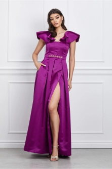 Rochie Moze lunga magenta din tafta cu crepeu maxi