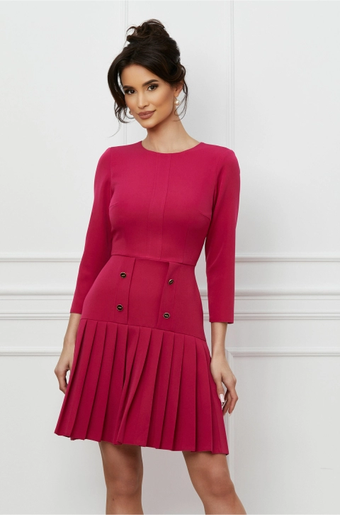 Rochie Moze magenta cu nasturi pe fusta si pliuri la baza