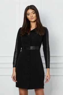 Rochie Moze neagra cu insertii din piele ecologica si nasturi