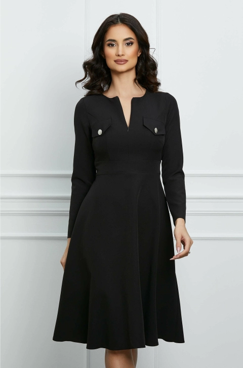 Rochie Moze neagra cu nasturi si clapete la bust