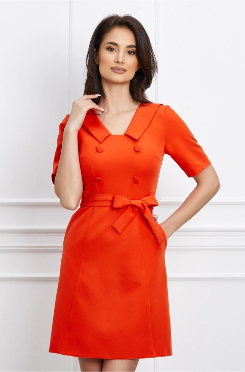 Rochie Moze orange cu guler ascutit si cordon in talie