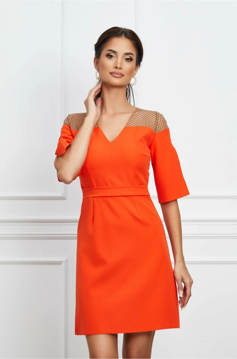 Rochie Moze orange cu tull si buline la bust